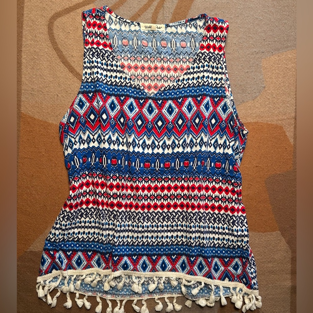 Boho Tassel hemmed red, white, & blue tank; L